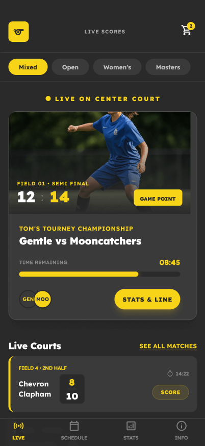 Frisbee Tournament App live dashboard