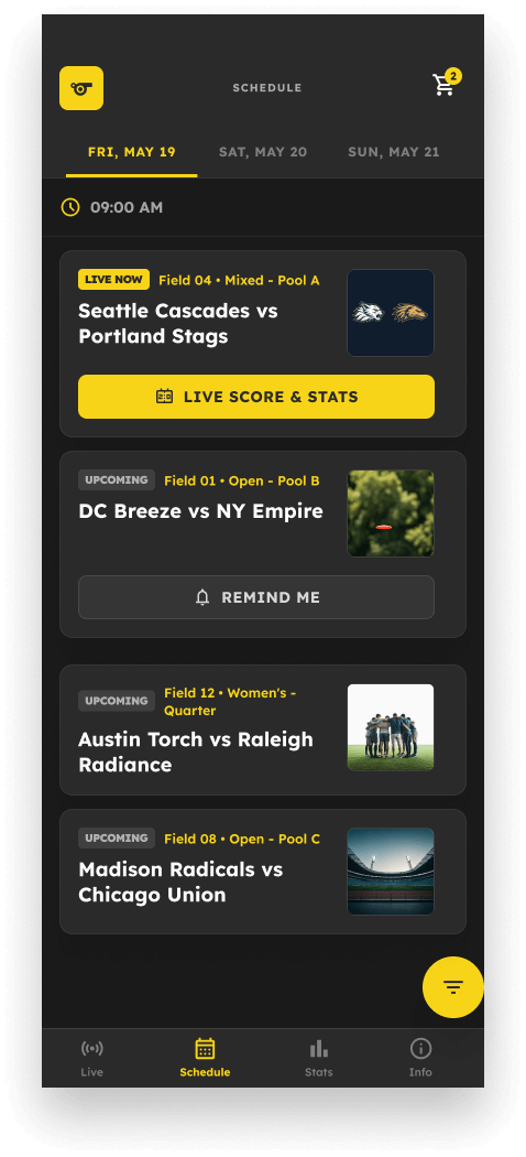Frisbee Tournament App wedstrijdschema